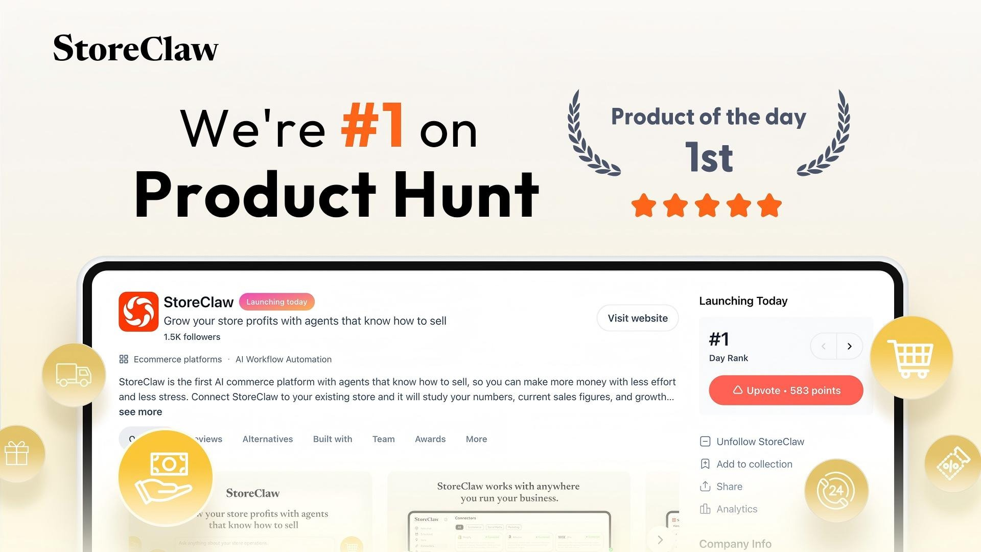 StoreClaw Ranks #1 Product of the Day on Product Hunt